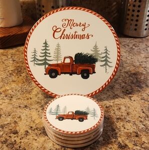 Christmas Trivet & Coasters RED TRUCK Farmhouse